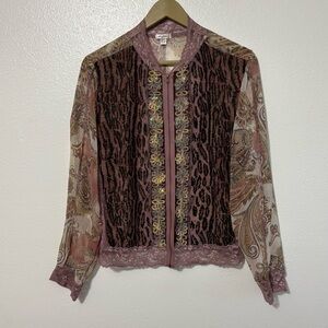 Y2K Jaipur XL Pink Brown Animal Print Lace Trim Zip Mesh Cardigan Top Dopamine
